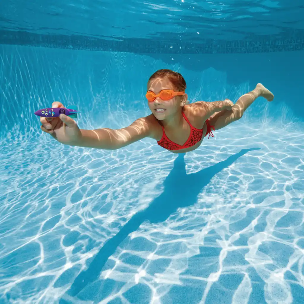 Cores vivas para fácil orientação abaixo da superfície da piscina.