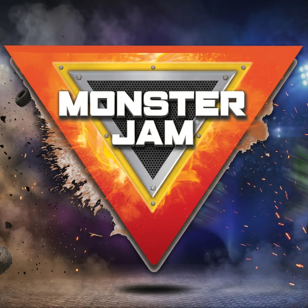 Logotipo oficial do conjunto Monster Jam com caveira atirando mini carros