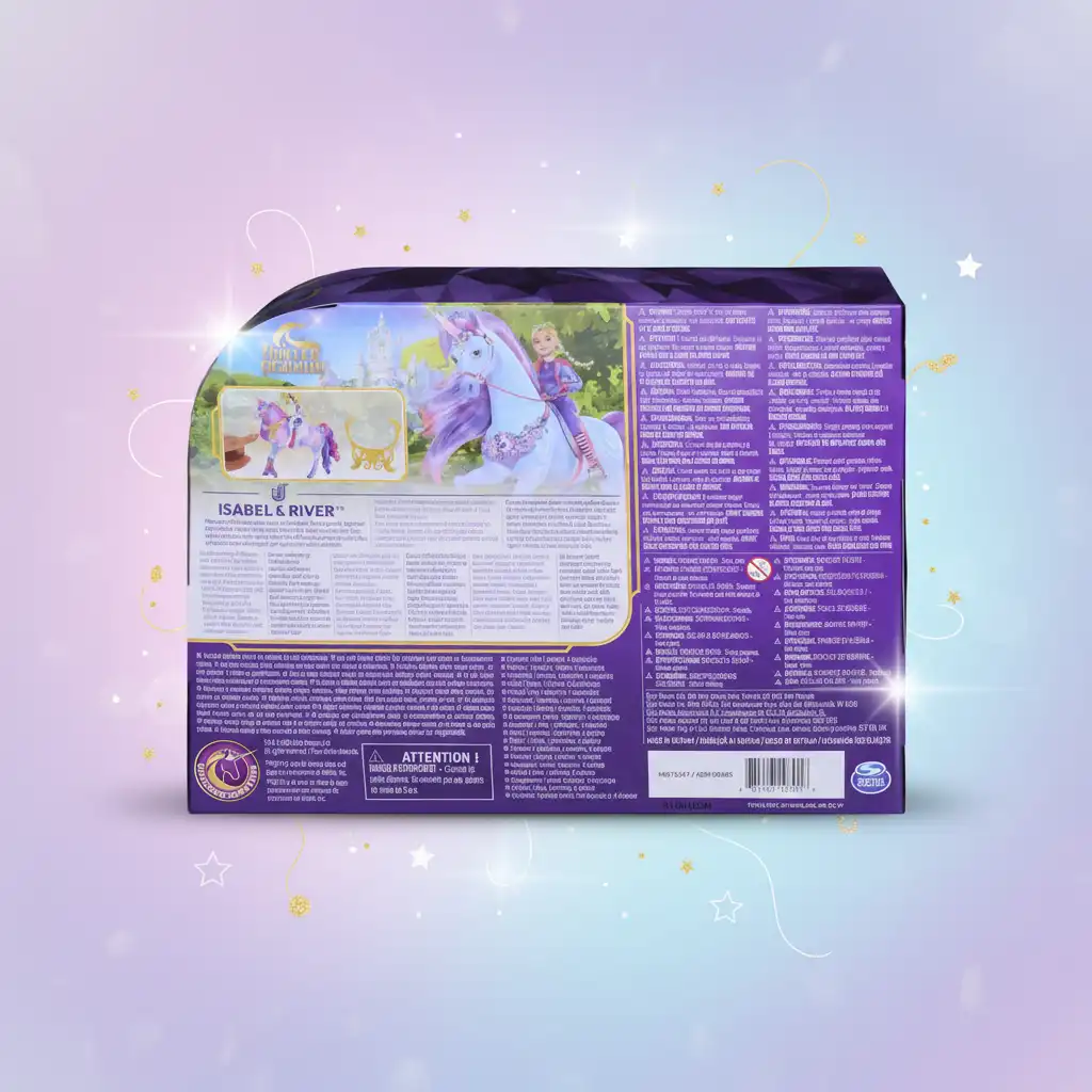 Boneca detalhadamente trabalhada Isabel e seu unicórnio luminoso River.