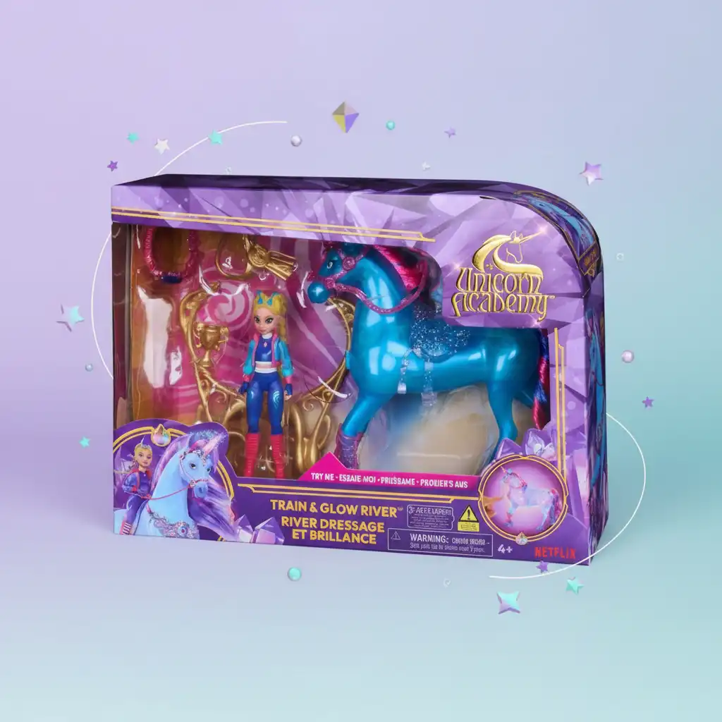 Efeitos de luz mágica ativados por uma gema no peito do unicórnio.